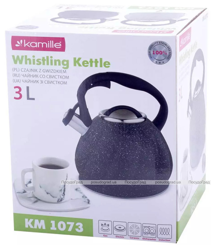 Чайник Kamille Whistling Kettle Marble 3л з нержавіючої сталі зі свистком (чорний мармур)