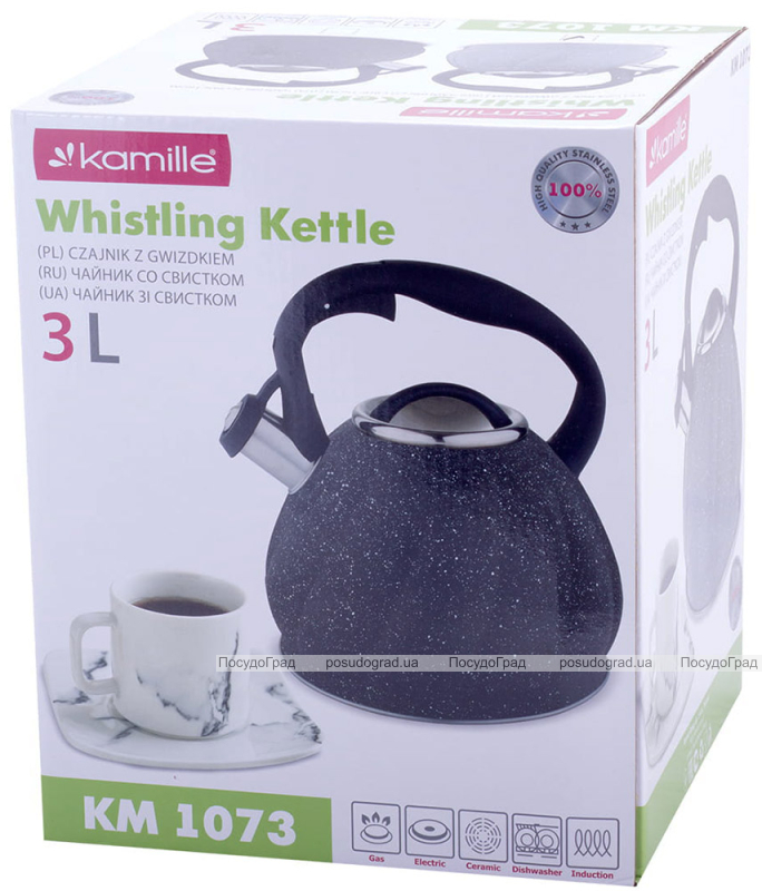 Чайник Kamille Whistling Kettle Marble 3л з нержавіючої сталі зі свистком (сірий мармур)