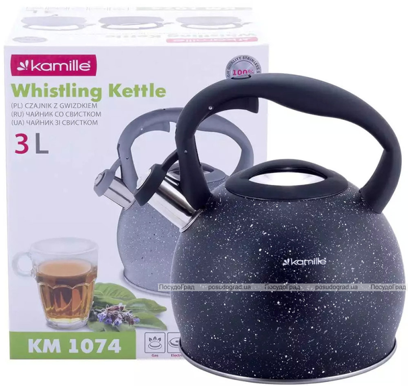 Чайник Kamille Whistling Kettle 3л з нержавіючої сталі зі свистком (чорний граніт)
