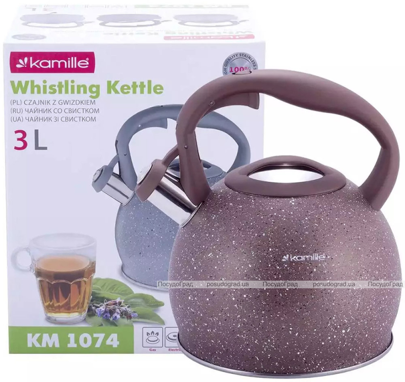 Чайник Kamille Whistling Kettle 3л з нержавіючої сталі зі свистком (коричневий граніт)