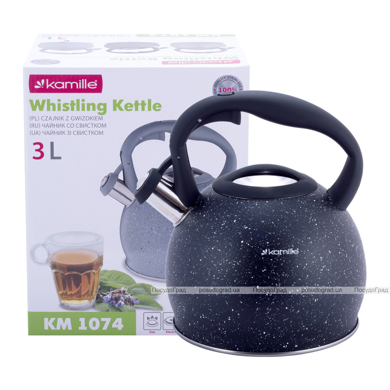 Чайник Kamille Whistling Kettle 3л з нержавіючої сталі зі свистком, чорний мармур