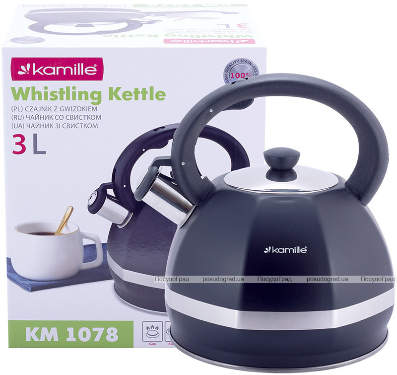 Чайник Kamille Marshmallow 3л из нержавеющей стали со свистком, черный