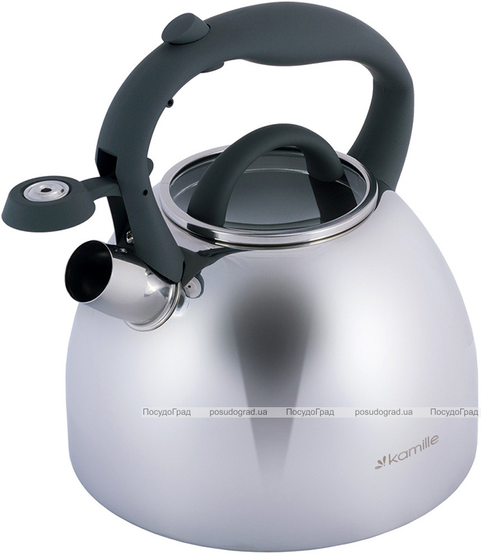Чайник Kamille Whistling Kettle 2.7л з нержавіючої сталі зі свистком і скляною кришкою (сіра ручка)