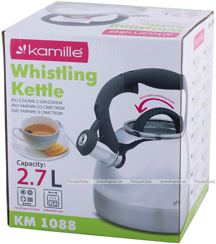 Чайник Kamille Whistling Kettle 2.7л з нержавіючої сталі зі свистком і скляною кришкою (сіра ручка)