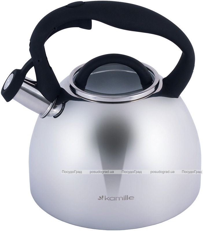 Чайник Kamille Whistling Kettle 2.7л з нержавіючої сталі зі свистком і скляною кришкою (чорна ручка)