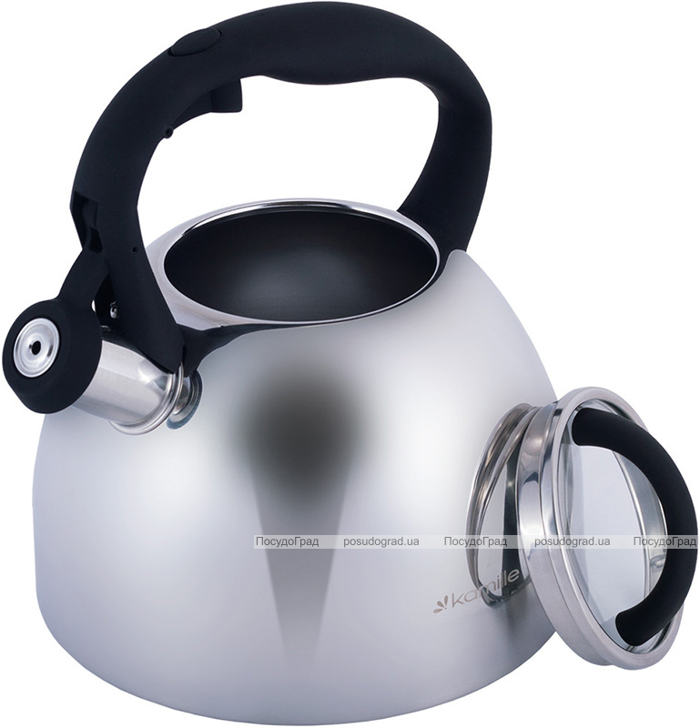 Чайник Kamille Whistling Kettle 2.7л з нержавіючої сталі зі свистком і скляною кришкою (чорна ручка)