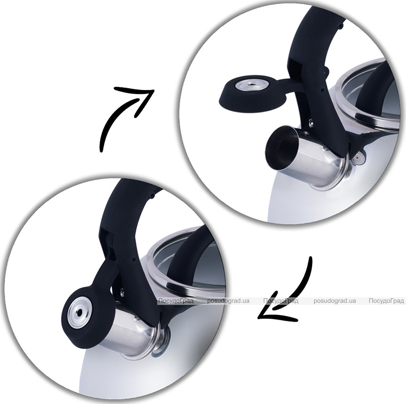 Чайник Kamille Whistling Kettle 2.7л з нержавіючої сталі зі свистком і скляною кришкою (чорна ручка)