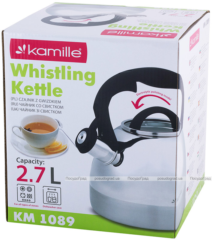 Чайник Kamille Whistling Kettle 2.7л з нержавіючої сталі зі свистком і скляною кришкою (чорна ручка)