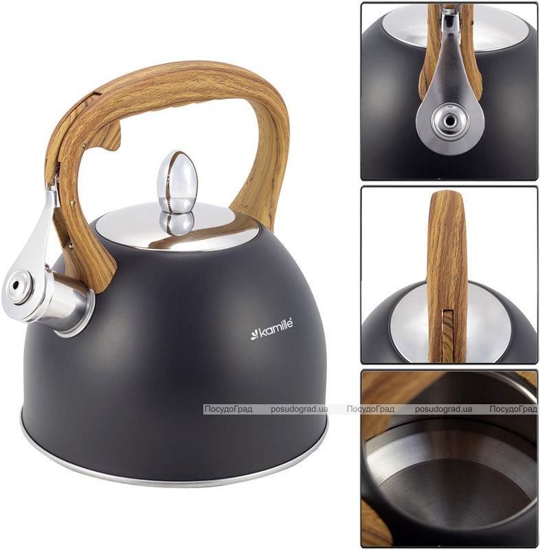 Чайник Kamille Whistling Kettle Black 2.5л з нержавіючої сталі зі свистком (чорний)