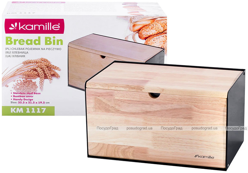 Хлібниця Kamille Breadbasket Steel&Bamboo 35.5х21.5х19.5см з нержавіючої сталі