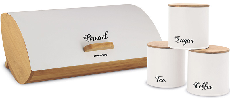 Хлібниця Kamille Breadbasket Wooden 35х25х16см бамбукова з набором ємностей для крупи (білі)
