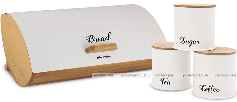 Хлібниця Kamille Breadbasket Wooden 35х25х16см бамбукова з набором ємностей для крупи (білі)