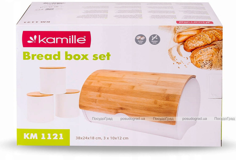 Хлебница Kamille White с деревянной крышкой + 3 емкости для хранения, белая