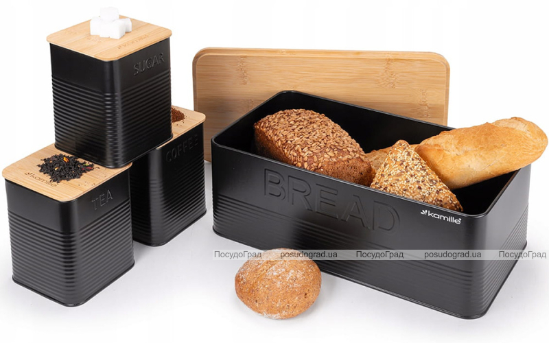 Хлібниця Kamille Black&Wood 36х22х20см з дерев'яною кришкою + 3 ємності для зберігання, чорна