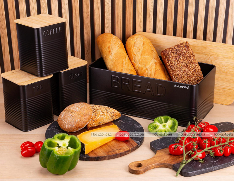 Хлібниця Kamille Black&Wood 36х22х20см з дерев'яною кришкою + 3 ємності для зберігання, чорна