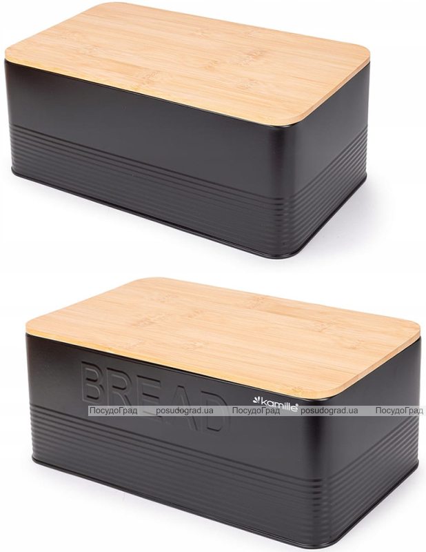 Хлібниця Kamille Black&Wood 36х22х20см з дерев'яною кришкою + 3 ємності для зберігання, чорна