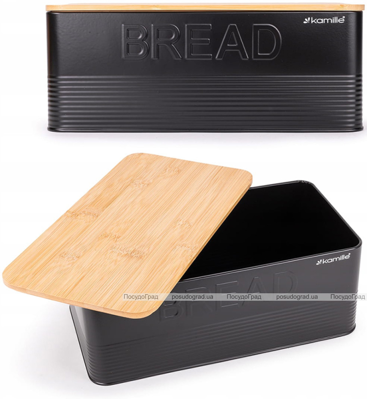 Хлібниця Kamille Black&Wood 36х22х20см з дерев'яною кришкою + 3 ємності для зберігання, чорна
