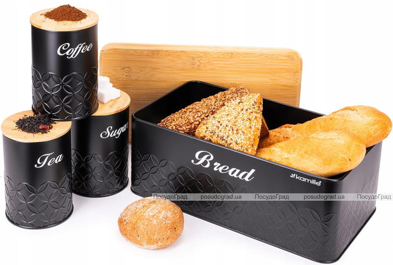 Хлібниця Kamille Black&Wood 36х22х20см з дерев'яною кришкою + 3 ємності для зберігання, чорні
