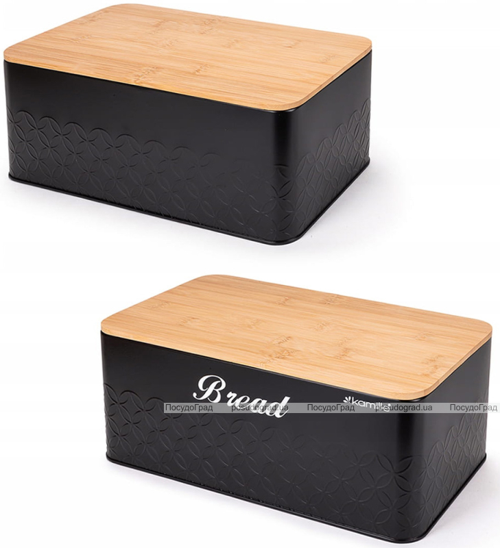 Хлібниця Kamille Black&Wood 36х22х20см з дерев'яною кришкою + 3 ємності для зберігання, чорні