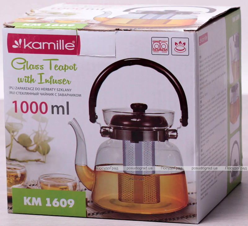 Чайник заварювальний Kamille Orlate 1000мл скляний зі знімним ситечком