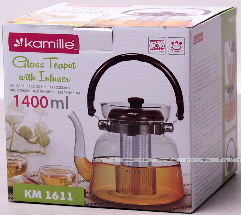 Чайник заварювальний Kamille Orlate 1400мл скляний зі сталевим ситечком