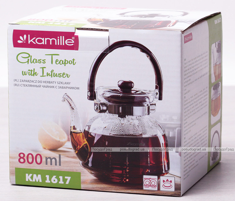 Чайник заварювальний Kamille Orlate 800мл скляний зі сталевим ситечком