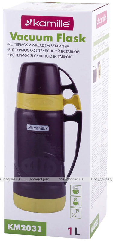 Термос Kamille Glass Violet 1000мл зеркальная колба и 2 чашки