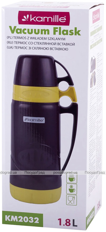 Термос Kamille Glass Violet 1800мл зеркальная колба и 2 чашки