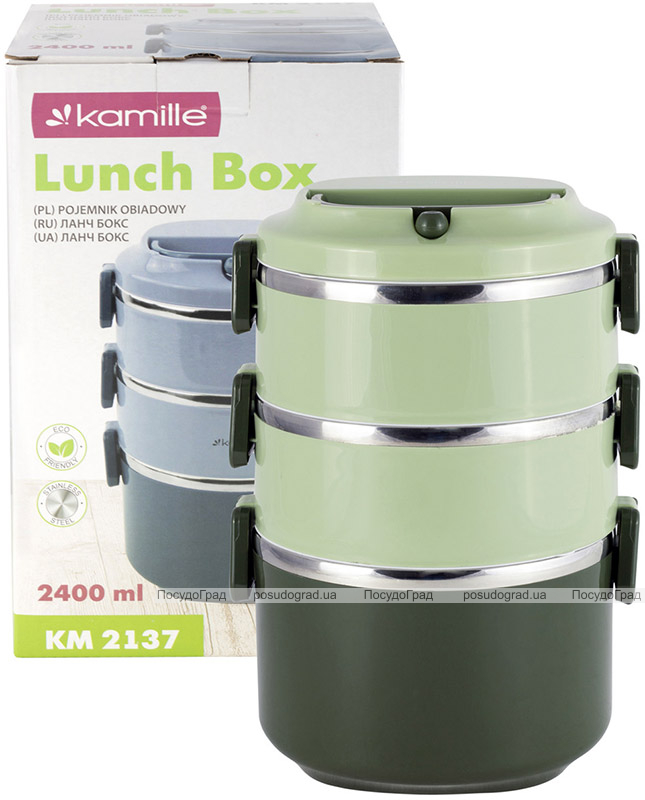 Ланч-бокс Kamille Snack 2400мл трирівневий, пластик і нержавіюча сталь, зелений