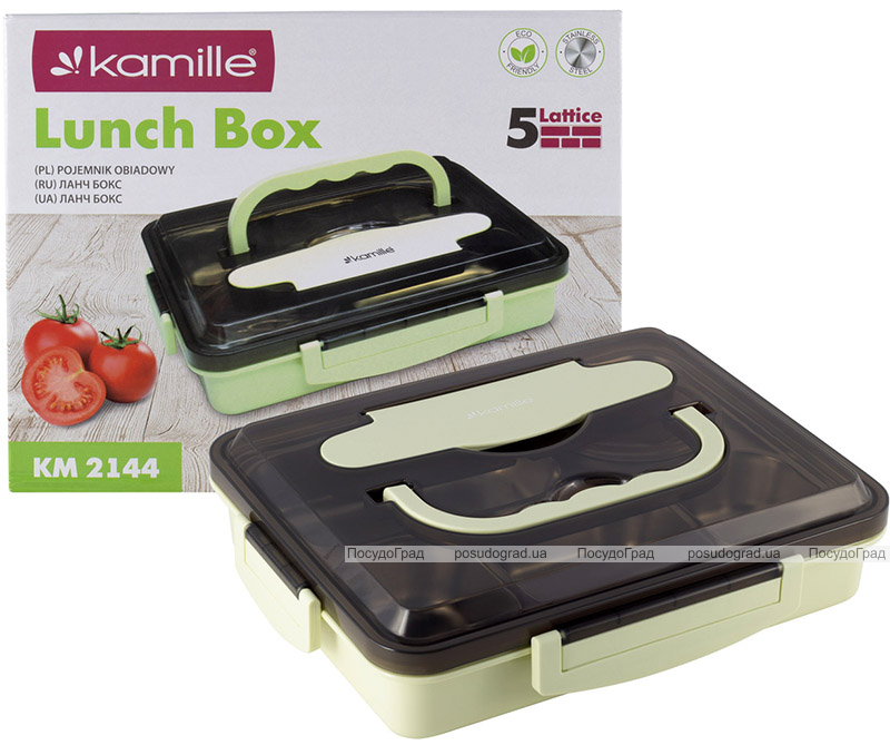 Ланч-бокс Kamille Snack 1000мл на 5 секцій, пластик і нержавіюча сталь, зелений
