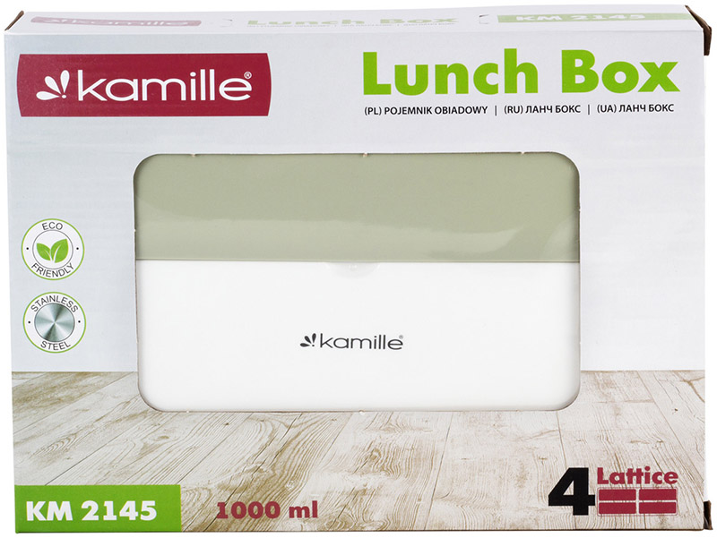 Ланч-бокс Kamille Snack 1000мл на 4 секції, пластик і нержавіюча сталь, зелений