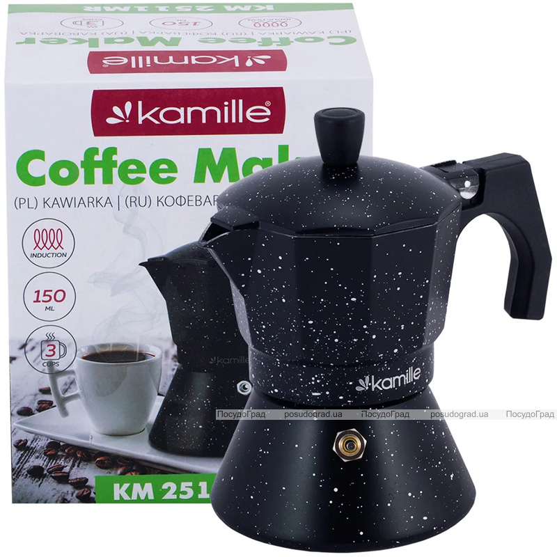 Кавоварка гейзерна Kamille Andel Black 150мл на 3 чашки