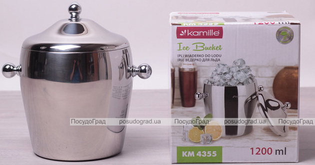 Відро для льоду Kamille 1200мл з нержавіючої сталі з подвійними стінками і кришкою