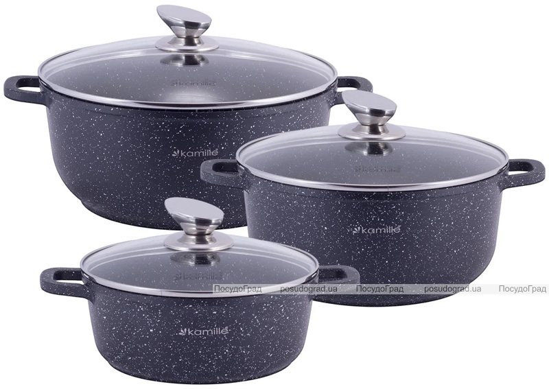Набор 3 кастрюли Kamille Landes Black 2.3л, 4.5л, 6.5л, с двумя прихватками