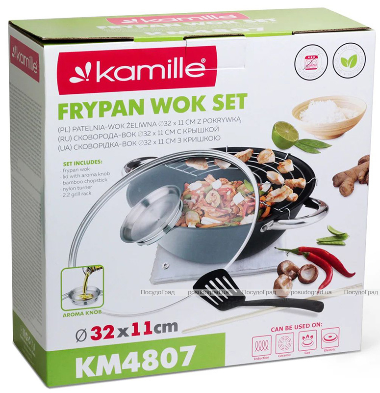 Казан Wok Kamille Camping 5.6л чугунный с аромакрышкой, антипригарное покрытие