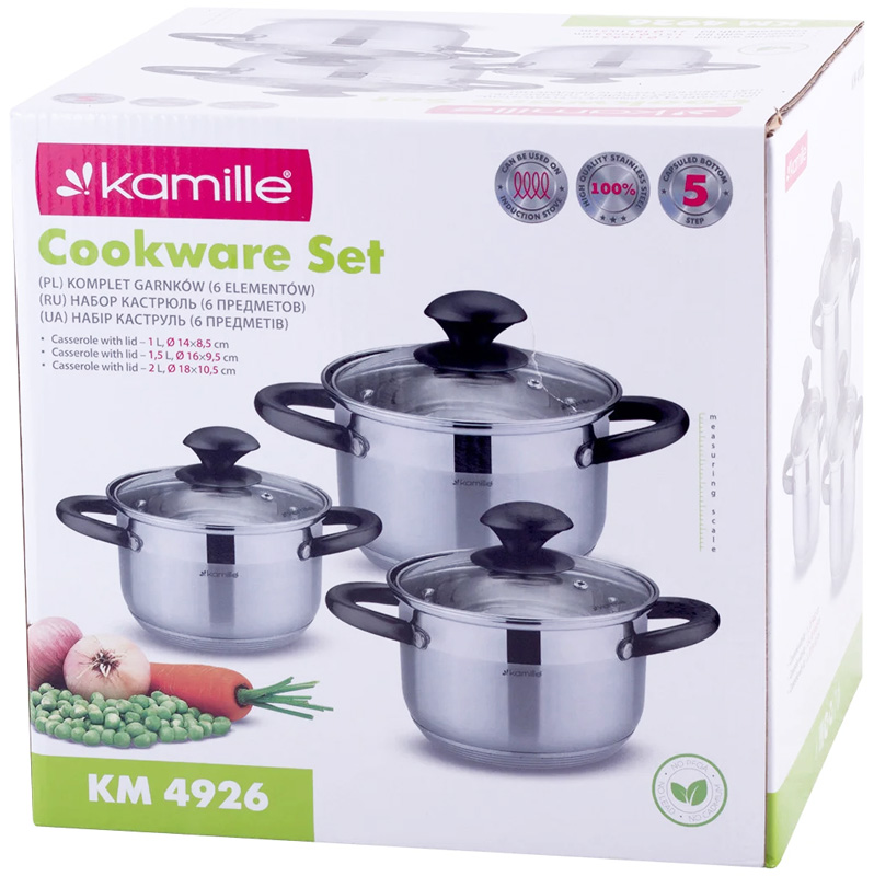 Набір 3 каструлі Kamille Groningen 1л, 1.5л, 2л з нержавіючої сталі з 5-шаровим індукційним дном