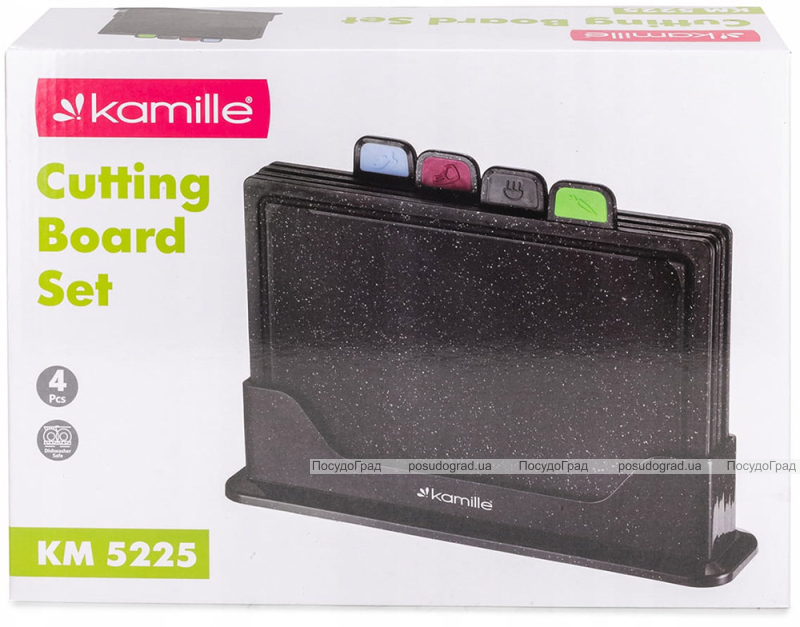 Комплект 4 обробні дошки Kamille 29x23x0.6см на компактній підставці, твердий пластик
