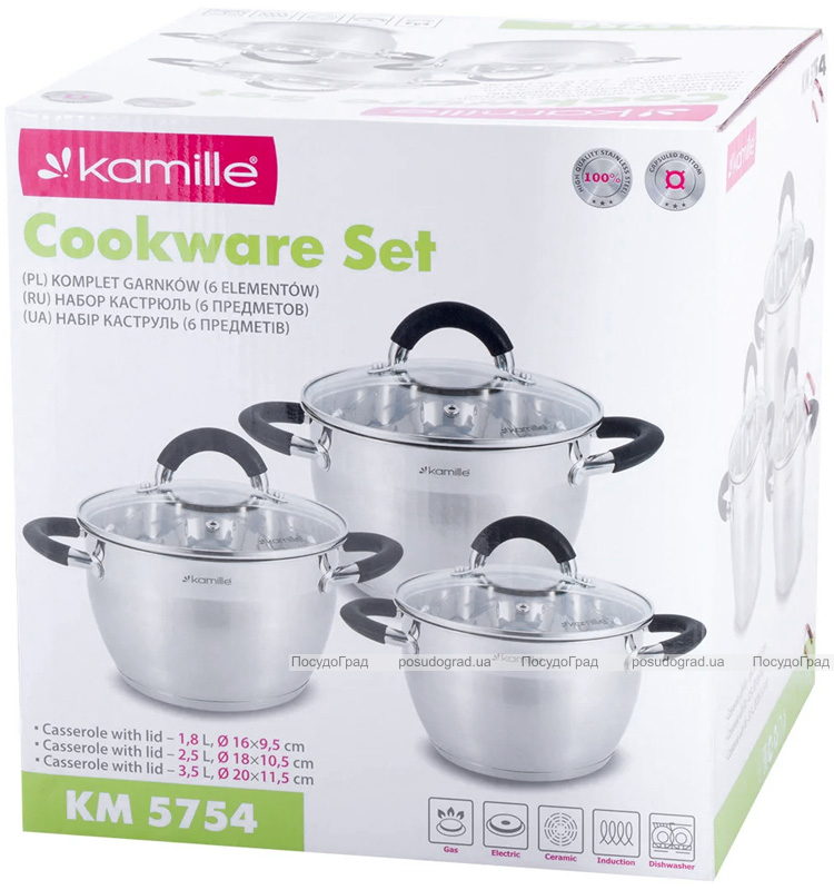 Набір 3 каструлі Kamille Marsaili 1.8л, 2.5л, 3.5л з силіконовими ручками