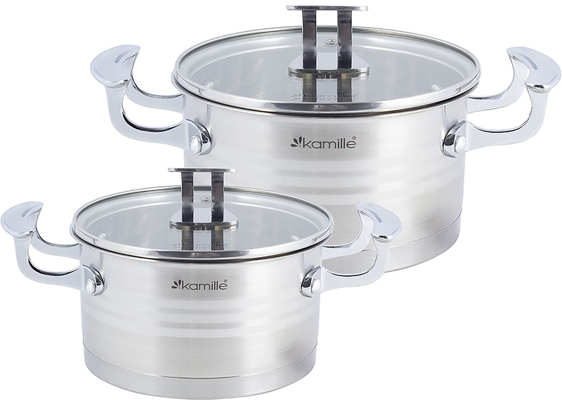 Набір 2 каструлі Kamille Casserote 1.5л і 2.4л з нержавіючої сталі зі скляними кришками