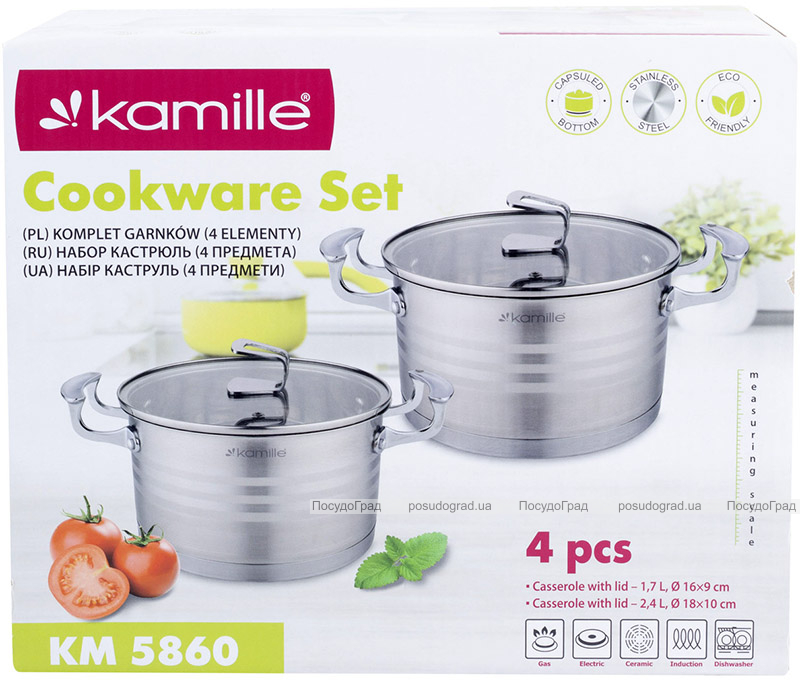 Набір 2 каструлі Kamille Casserote 1.5л і 2.4л з нержавіючої сталі зі скляними кришками