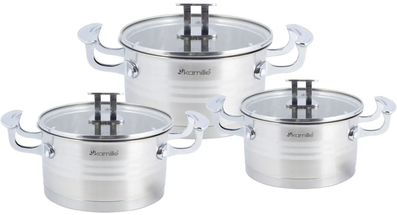 Набір 3 каструлі Kamille Casserote 1.7л, 2.4л, 3.1л з нержавіючої сталі зі скляними кришками