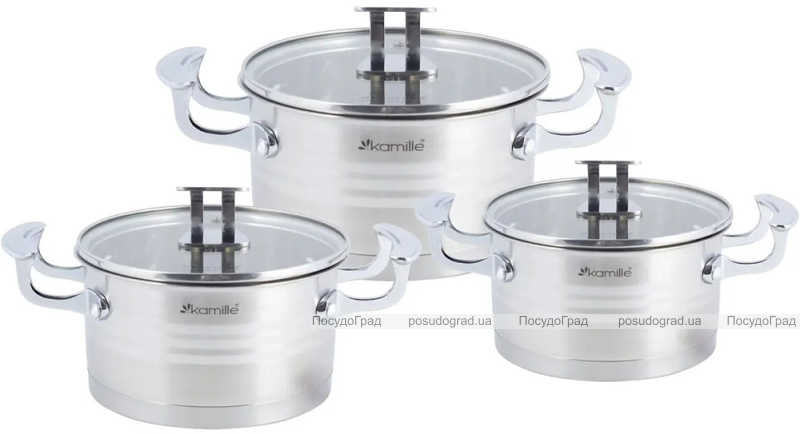 Набір 3 каструлі Kamille Casserote 1.7л, 2.4л, 3.1л з нержавіючої сталі зі скляними кришками