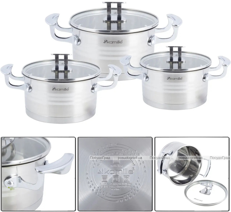 Набір 3 каструлі Kamille Casserote 1.7л, 2.4л, 3.1л з нержавіючої сталі зі скляними кришками