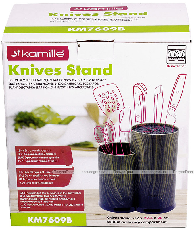 Колода для ножів Kamille Brash Stand Ebony 22.5см пластикова подвійна