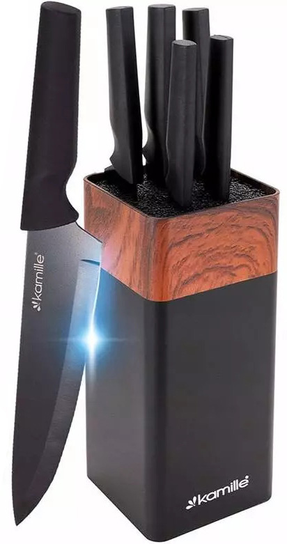 Набор 5 кухонных ножей Kamille Acacia Black с подставкой-колодой