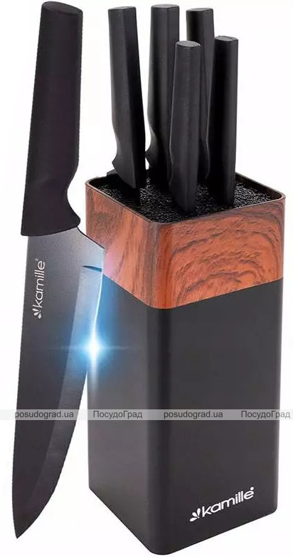 Набор 5 кухонных ножей Kamille Acacia Black с подставкой-колодой