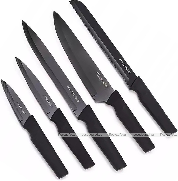 Набор 5 кухонных ножей Kamille Acacia Black с подставкой-колодой