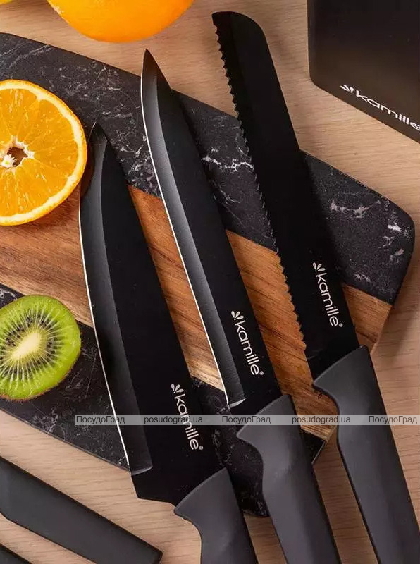 Набор 5 кухонных ножей Kamille Acacia Black с подставкой-колодой