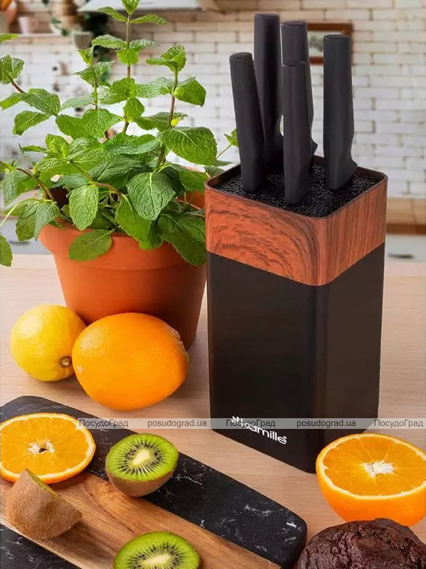 Набор 5 кухонных ножей Kamille Acacia Black с подставкой-колодой