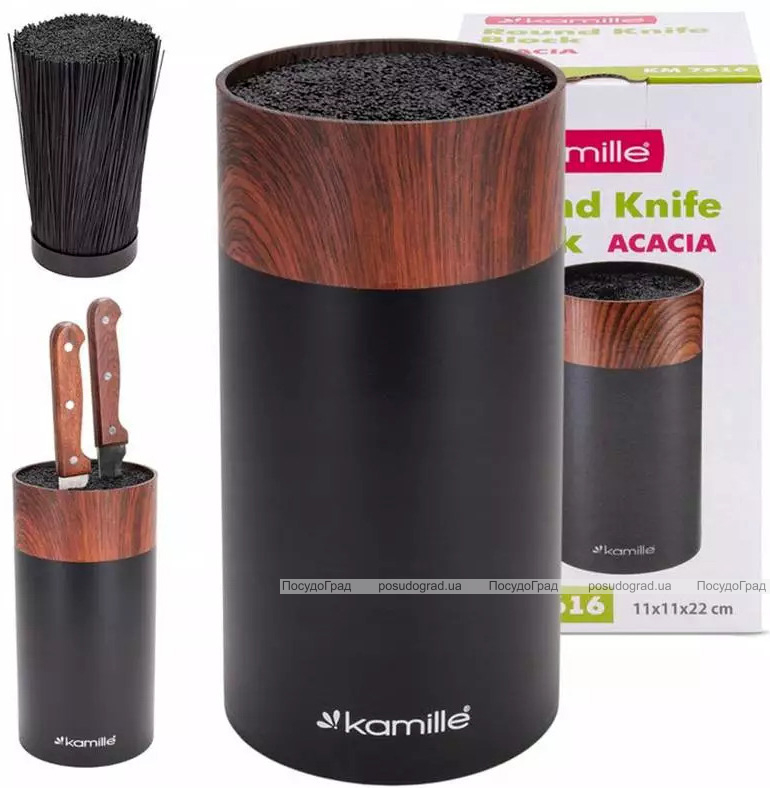 Подставка Kamille Acacia Black, колода для ножей Ø11х22см с полипропиленовым наполнителем